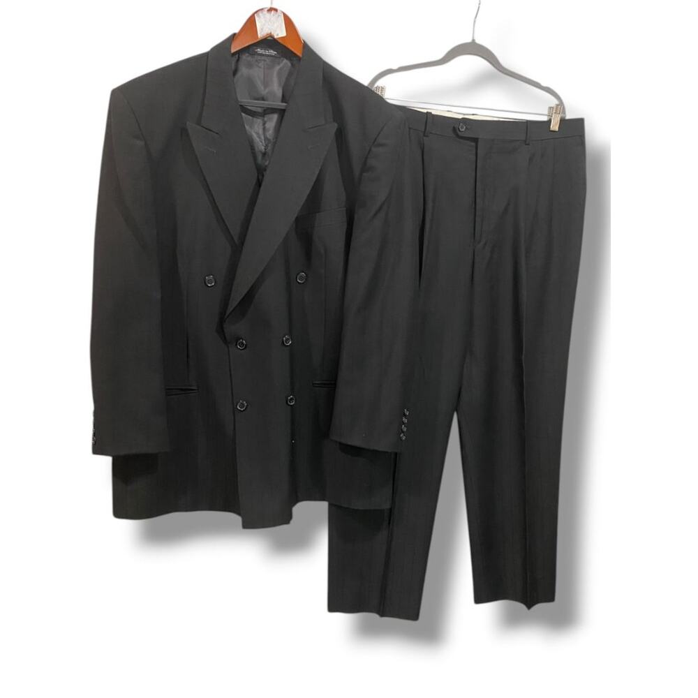 Size 48L Bendetti Mens Long Black Double Breasted Pinstripe 2 Piece Suit